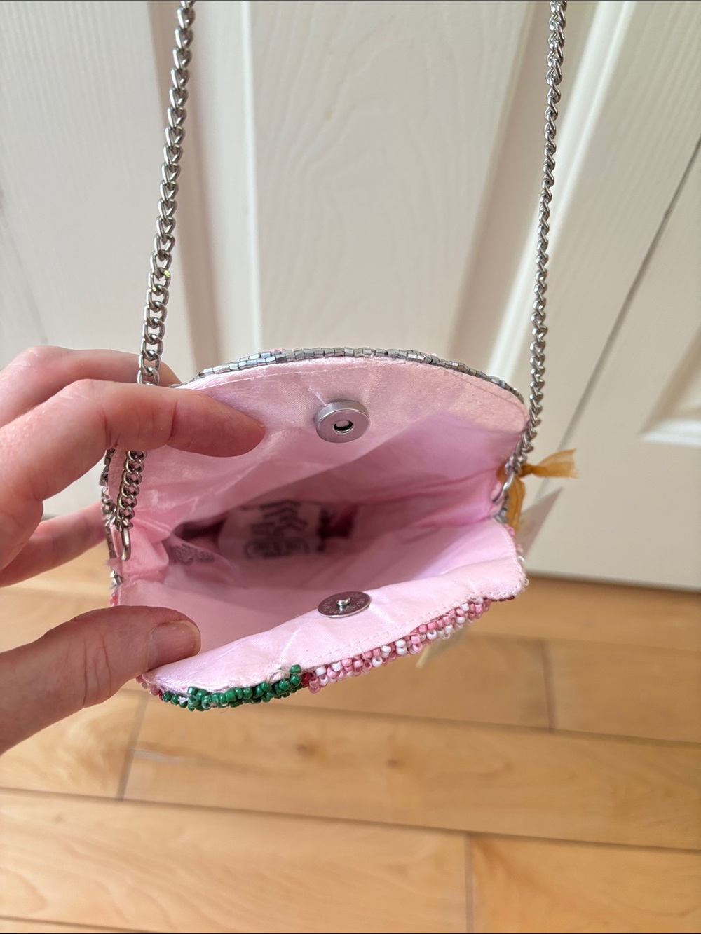 Made in India Beaded Pink and Silver Strawberry Milkshake Crossbody Bag - Picture 5 of 12